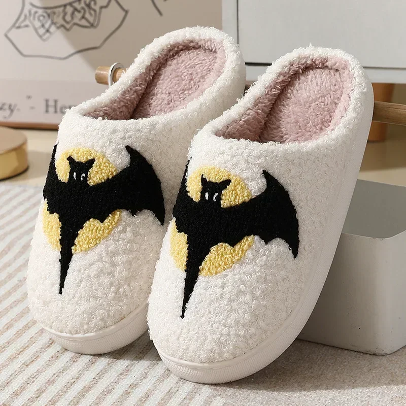 Halloween Bat Slippers Men Women Cartoon Plush Warm Winter Cotton Shoes Couple Fashion Home Flat Shoes Soft Comfortable