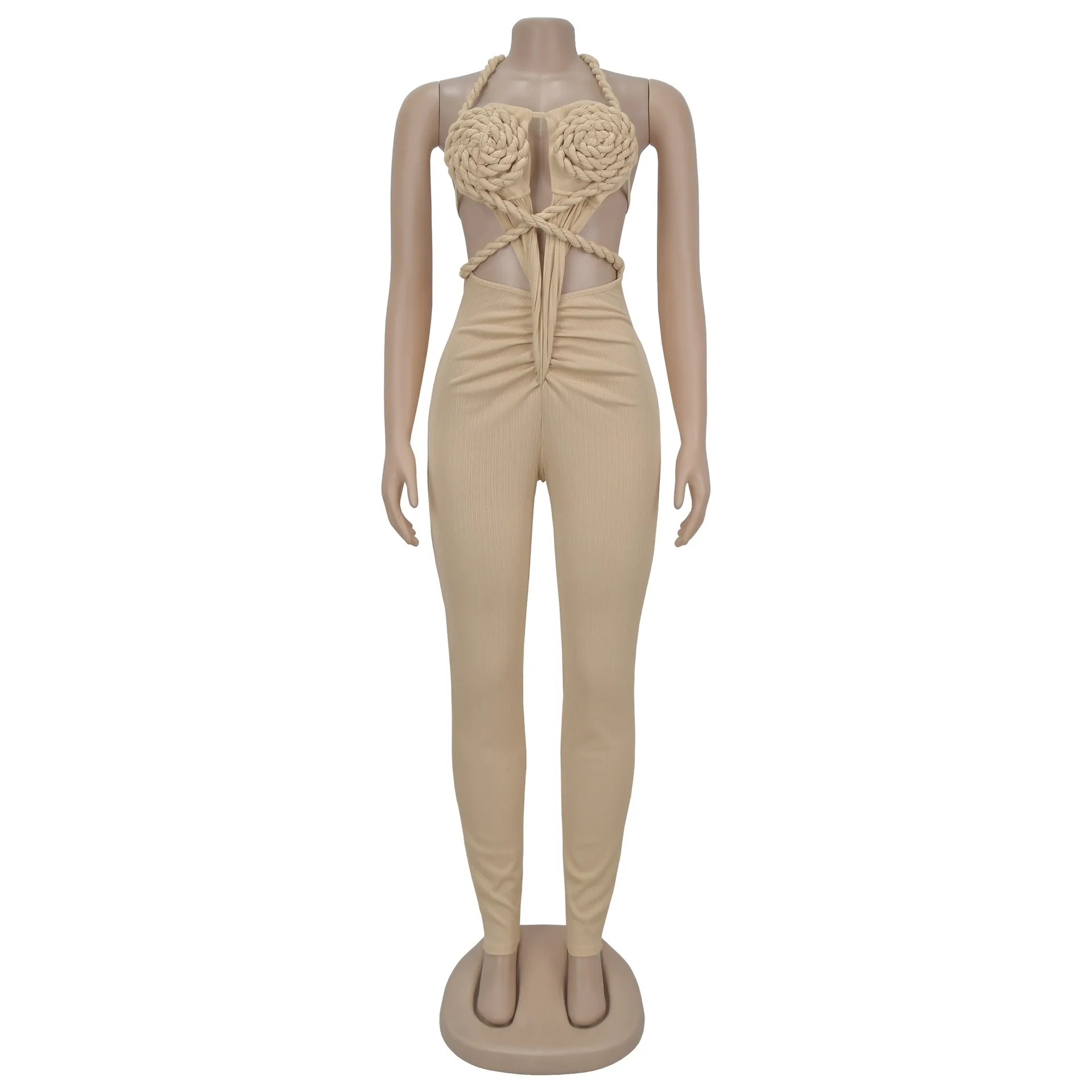 섹시한 나이트클럽 파티, 프롬, 클럽, 연회용 솔리드 컬러 캐주얼 홀터넥 백리스 솔리드 점프수트