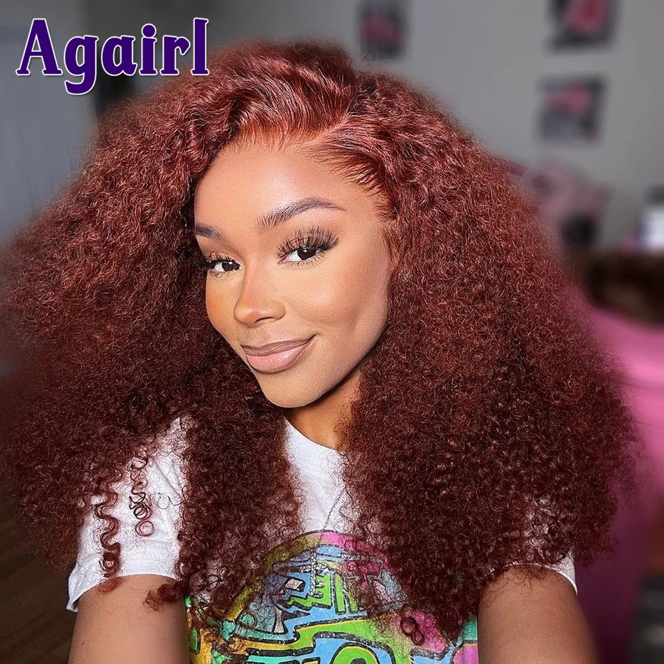 

34 Inch Reddish Brown Jerry Curly 13x4 Lace Frontal Wigs Human Hair Dark Red Brown Pre Plucked Kinky Curly 4X4 Lace Closure Wigs