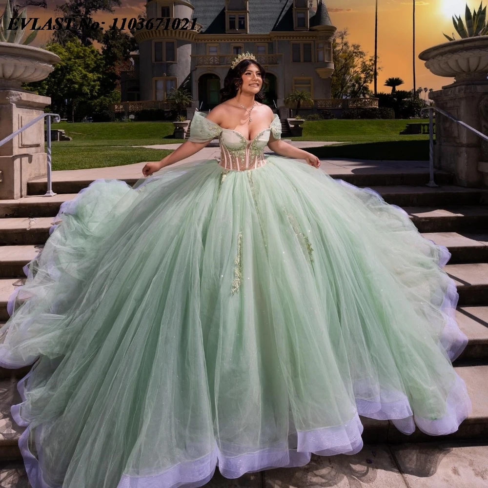 

EVLAST Customized Sage Mint Quinceanera Dress Ball Gown Tulle Applique Beaded Corset Mexico Sweet 16 Vestidos De 15 Anos SQ777