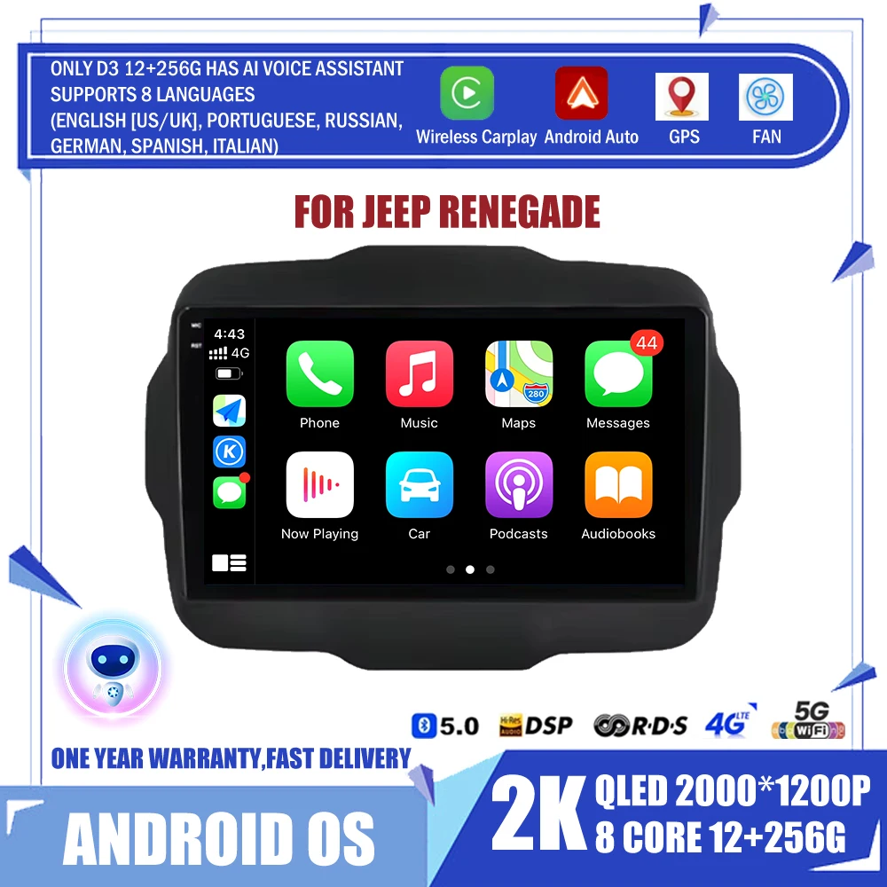 

2 Din Android 14 Car Radio For Jeep Renegade 2016 - 2020 Multimedia Video Player GPS 4G Carplay Auto Stereo DVD QLED Head Unit