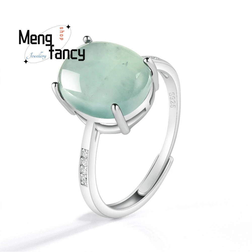 

S925 Silver Inlay Natural A-grade Jadeite Blue Water Oval Surface Ring Ice-type Jade Luxury Fashion Jewelry Couple Holiday Gifts