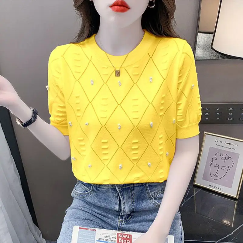 2023 Summer New Solid Color Round Neck Short Sleeve Knitting T-Shirts Women Thin Style Embroidered Flares All-match Pullovers