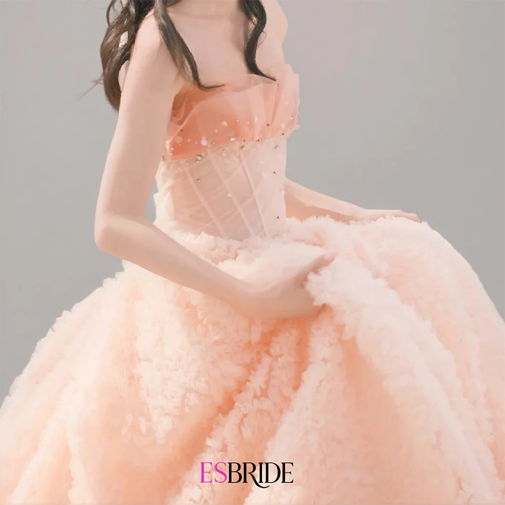 ESBRIDE Abito da sera con top a tubo in chiffon rosa chiaro Abito da sera con gonna lunga gonfia a pieghe tridimensionale in vita sottile personalizzato