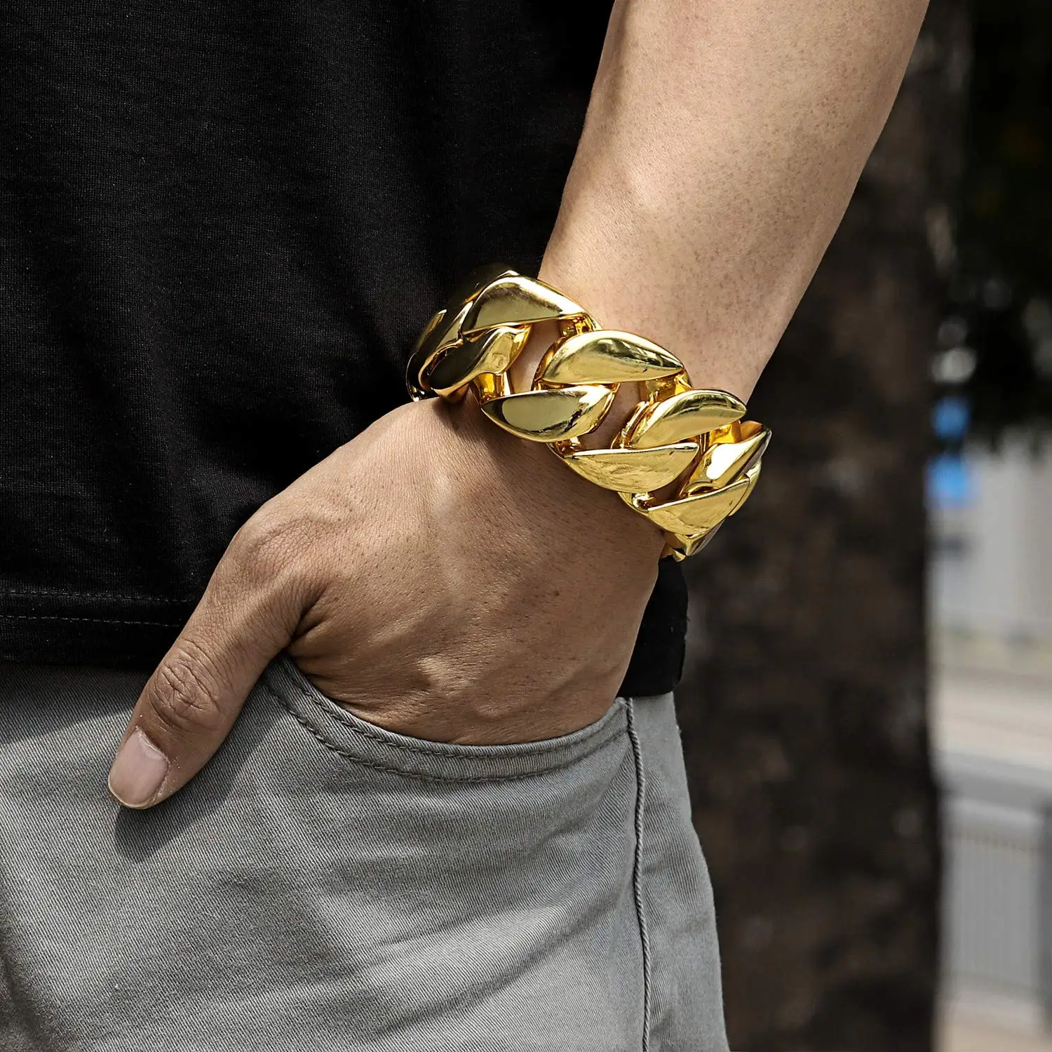 Huge 32mm Mens Chunky Bracelet Heavy Sturdy 18K Yellow Gold PVD Plating Stainless Steel Cuban Chain with Box Clasp