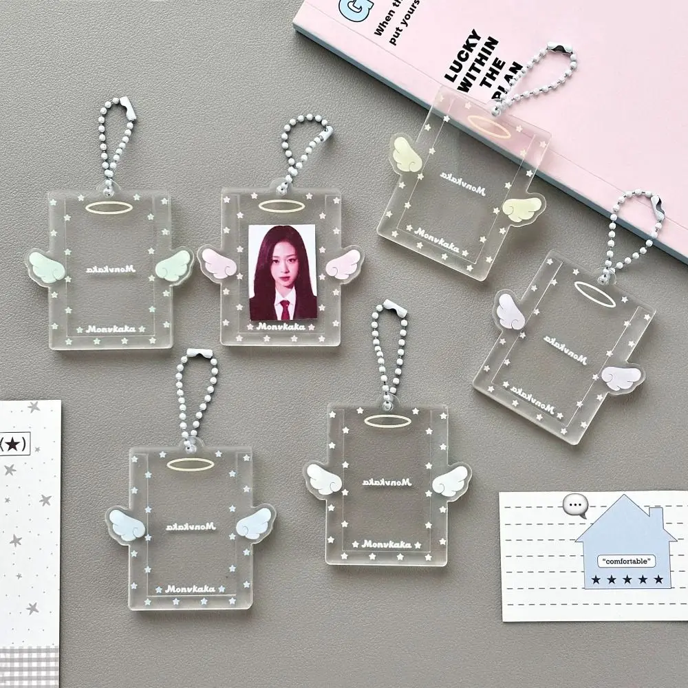 Transparent Photo Card Holder 1-inch Card Storage with Pendant Chain Photo Card Sleeve Angel Design Idol Card Protector Cover
