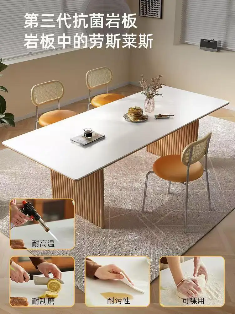 طاولة طعام من الخشب الصلب، طاولة طعام حديثة وبسيطة وخفيفة فاخرة، مستطيلة الشكل، شمع أبيض #4