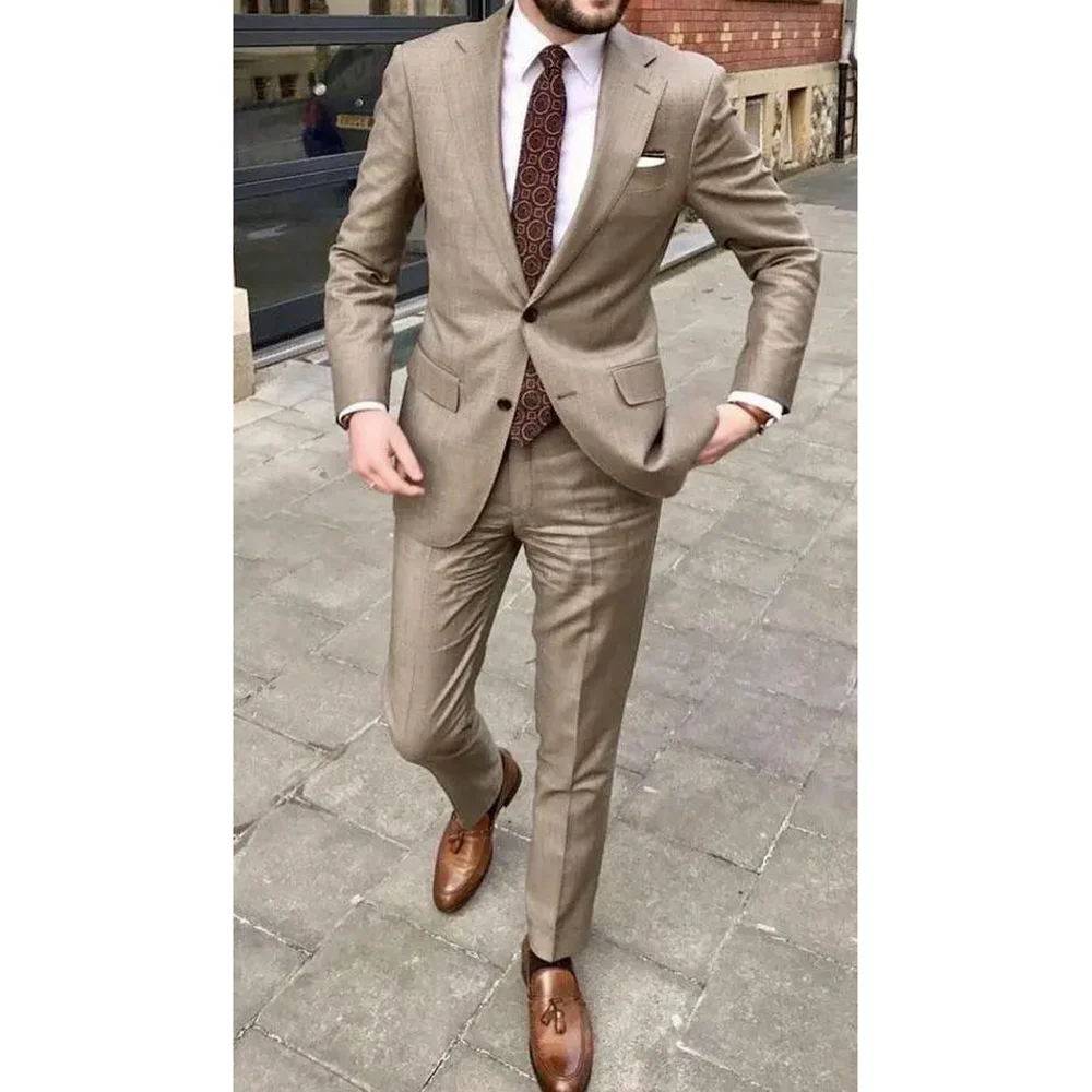 Elegant Khaki Men Suits Two Piece Summer Fashion Notch Lapel Single Breasted Outfits Chic Business Causal Wedding Tuxedo