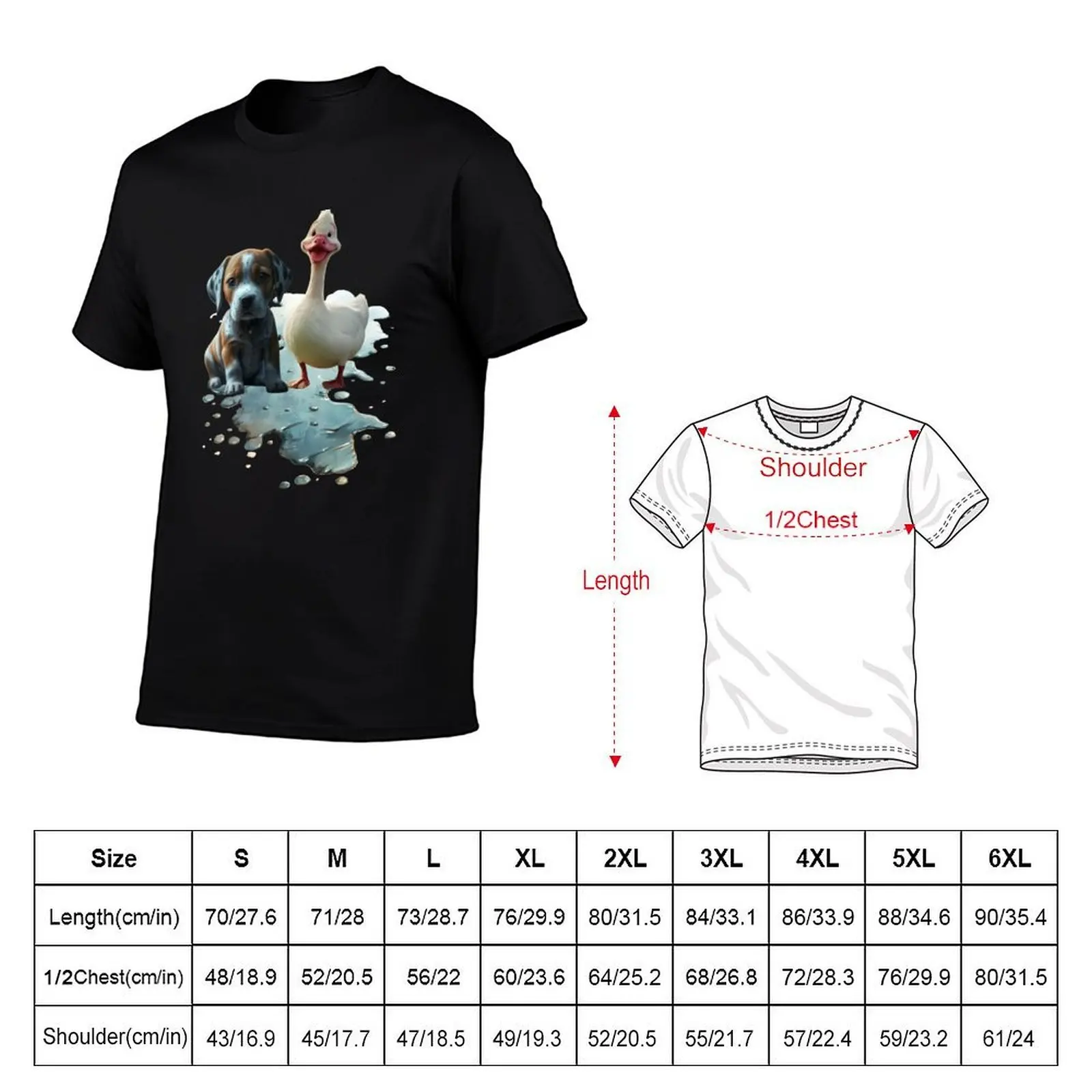 A sad dog and a cheerful duckling in a puddle of water T-Shirt cotton t shirt man t shirt man plain T-Shirt