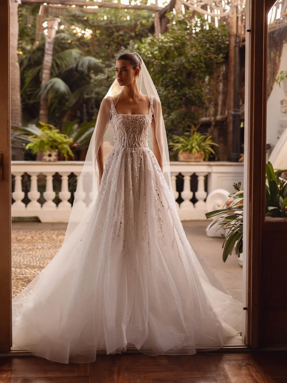 

Flavinke Customized Beaded Pearls Wedding Dresses Sequined A-line Tulle Long Bridal Gown Dreamy Square Neck Dresses For Bride