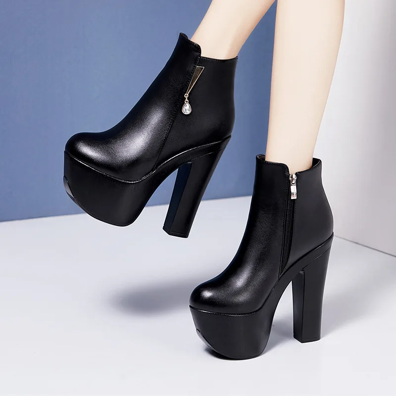 High quality short ankle leather boots for women 15cm mid heel platform new 2025 autumn winter 32 33 43 fashion shoe black