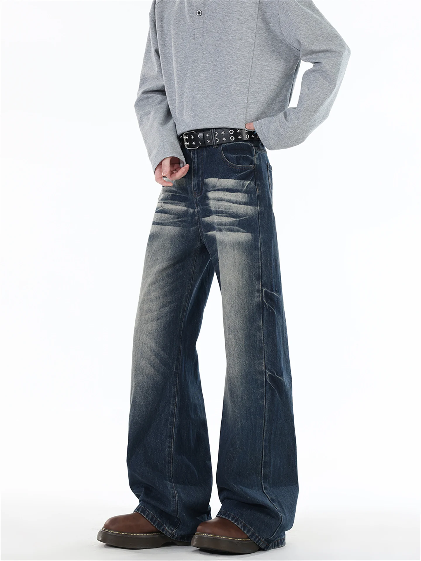 

Deep Blue 3D Waed Loose Men's Jeans Trendy American Straight Leg Slimming Wide Leg Hoof Pants Casual Youth Sle