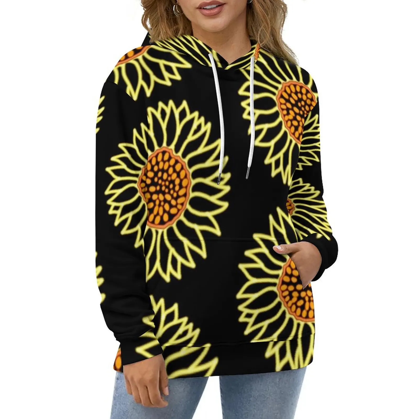 

Yellow Sunflower Hoodies Long Sleeve Floral Pretty Casual Pullover Hoodie Spring Street Fashion Oversized Loose Sweatshirts