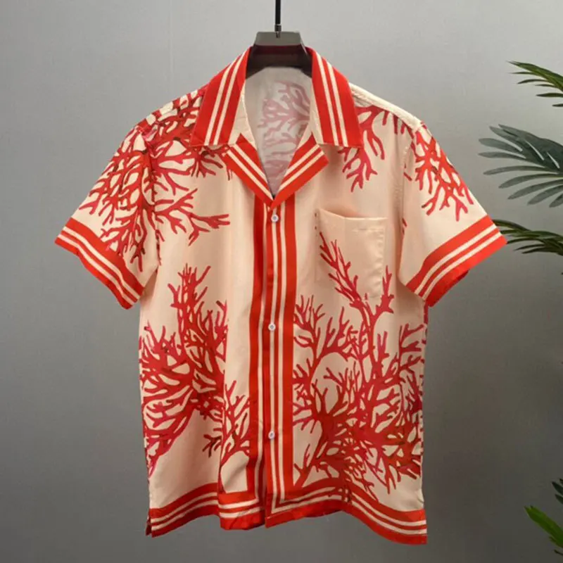 2023 Spring Color Contrast Casual Short Sleeve Button Down Shirt  Hawaiian Shirt Hip Hop Plant Print Beach Shirts Men Harajuku