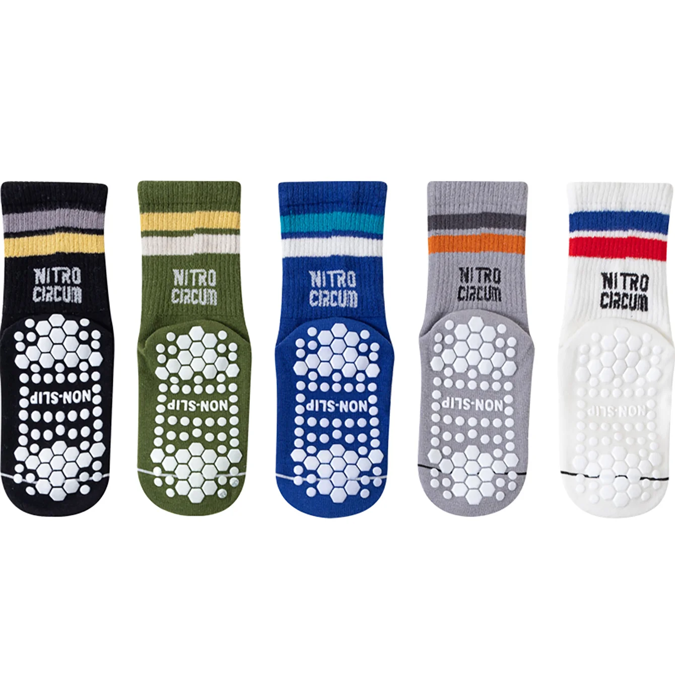 5 pairs of anti slip floor socks for boys and girls, cartoon letter striped round neck socks, mid tube socks, anti slip, wear-re