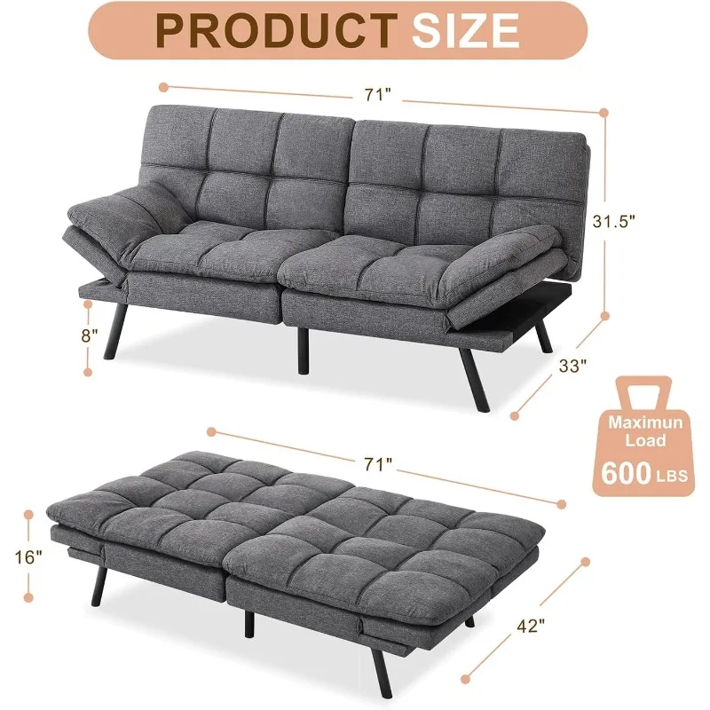 Memory Foam Convertible Modern Sleeper Sofa, Adjustable Armrests and Metal Legs, Multifunctional Futons Sets, Bed Couch