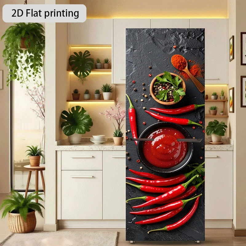 Refrigerator Sticker Red Chili and Sauce Theme Design Wall Decal Self-Adhesive Wallpaper Suitable for Cabinets and Wardrobes,