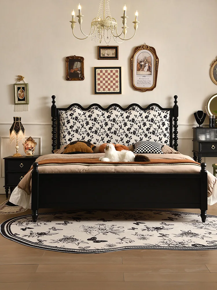 American Black Retro Bed Bedroom 1.8m Maillard Style Wedding Bed Modern French Printed Upholstered Bed