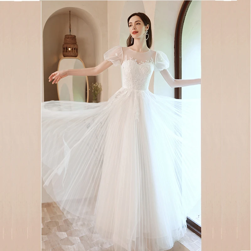 French Luxury White Satin Maxi Wedding Dresses for Bride Elegant Sexy Slim Puff Sleeve Long Prom Party Dress Women vestidos