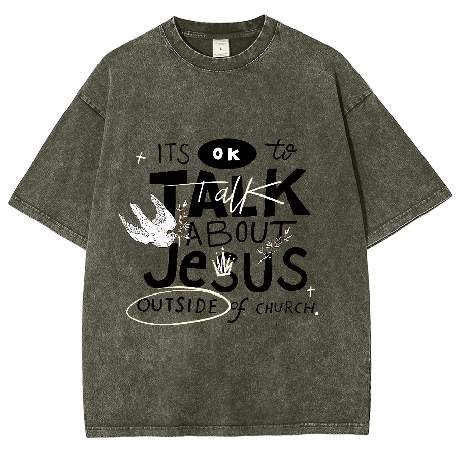 Talk About Jesus Y2K Washed Short Sleeves T-Shirt, Creative Printed Unisex Vintage Streetwear New Fashion Casual Plus Size Tops