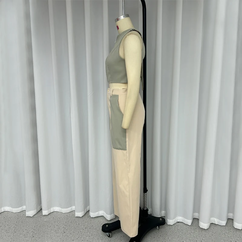 Damski zestaw dwuczęściowy modny biurowy bez rękawów bez pleców Color Block Top luźny z spodnie z kieszeniami zestawem Streetwear