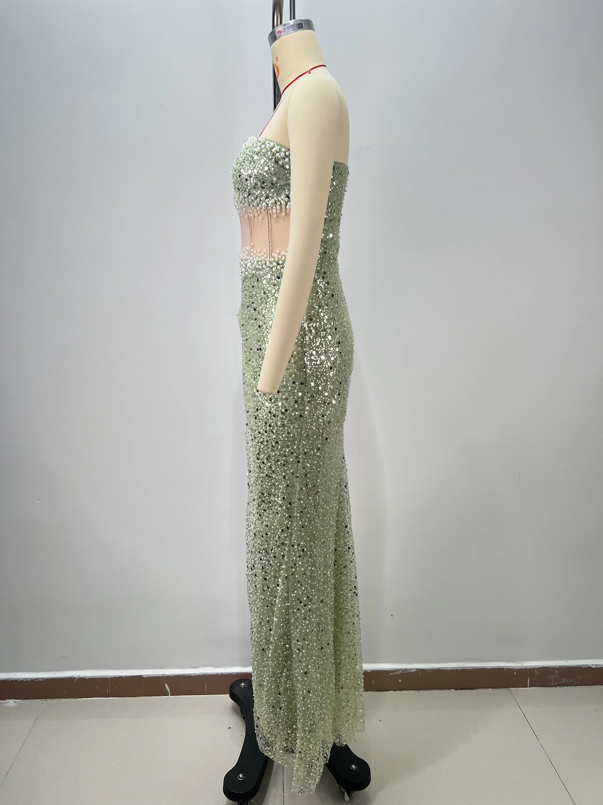 Women's Light Green Bandage Fishtail Gown Sheer Mesh Cutout with Crystal Beads Thigh High Slit Evening Gala Dress​