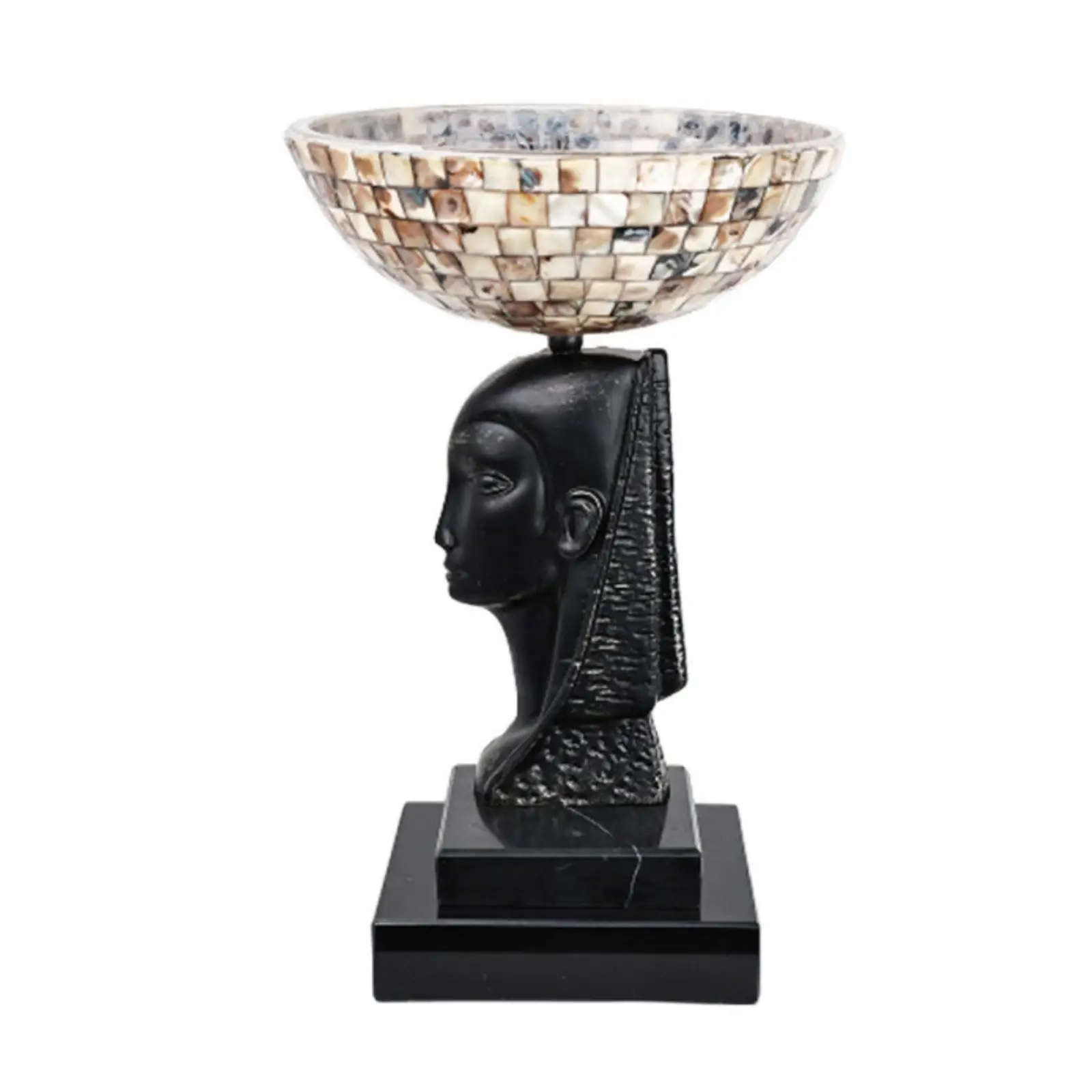 Decorative Fruit Center Tray with Pharaoh Sculpture Pedestal Mosaic Glass Upper Bowl Marble Base for Kitchen Counter Organizer