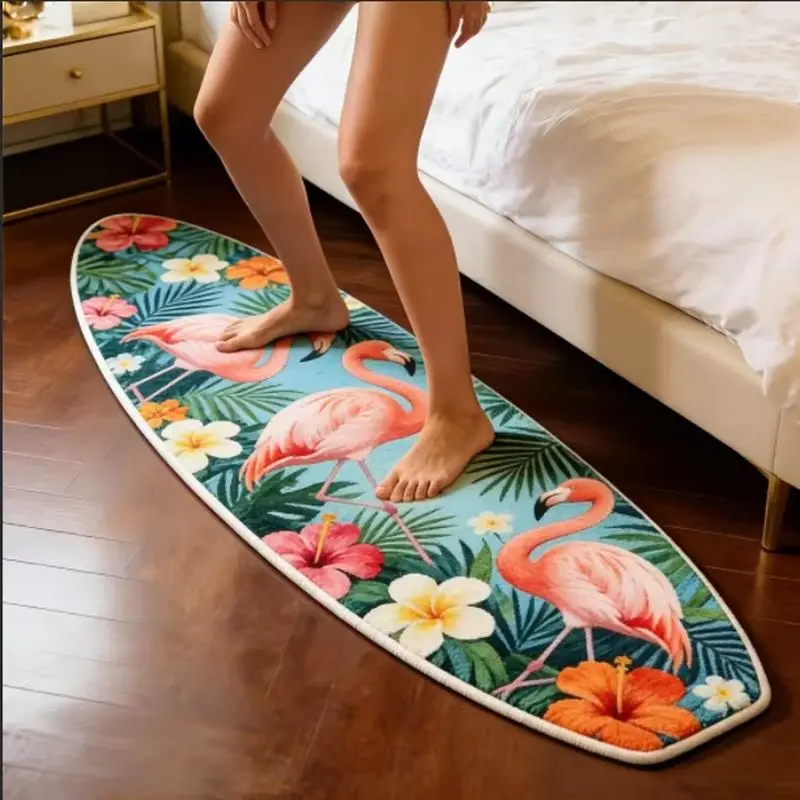 VIKAMA Sunset Ocean Surfboard Plush Rug Non‑Slip Quick‑Dry Coastal Leisure Floor Mat For Balcony Teen Home Decor