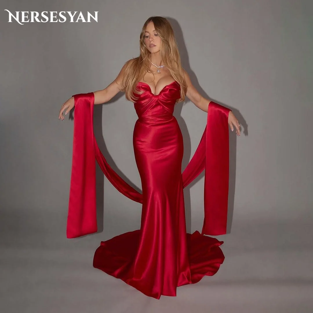 

Nersesyan Luxury Mermaid Red Evening Dresses Off Shoulder Satin Pleats Formal Dress Bodycon Women Party Gowns 2025 Customized