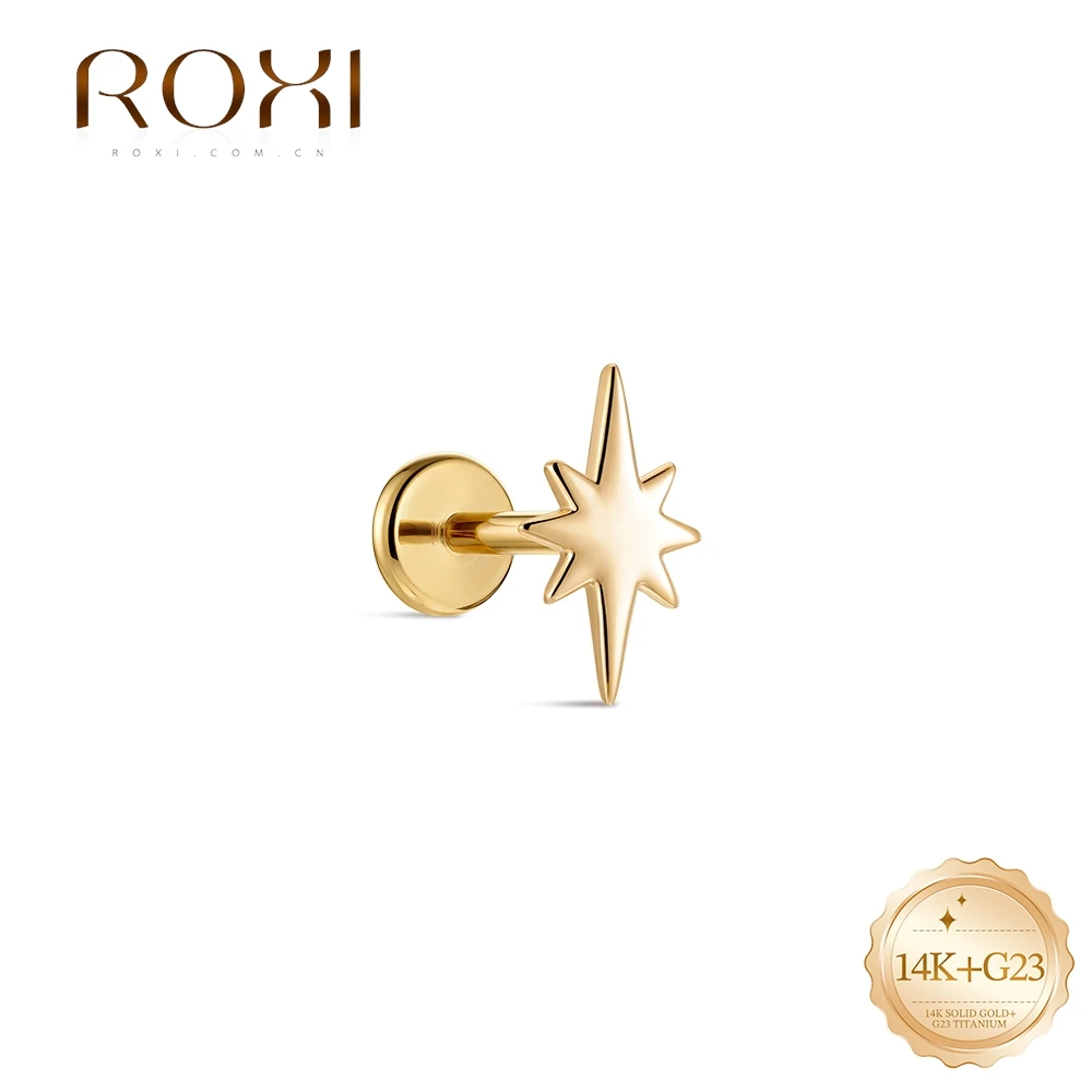 

ROXI 1PC 14K Solid Gold Smooth Eight Pointed Star Flat Top Piercing Cartilage Stud Hypoallergenic Ear Jewelry For Women Daily