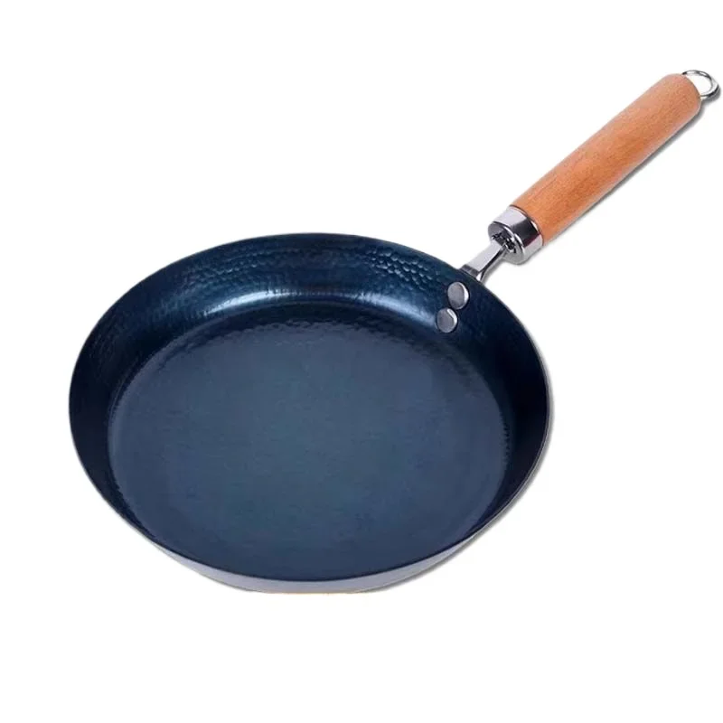 Hammered Iron Skillet 20/24/26/28cm Blue Iron Pans with Detachable Wooden Handle No Nonstick Coating Frying Omelette Frying Pan