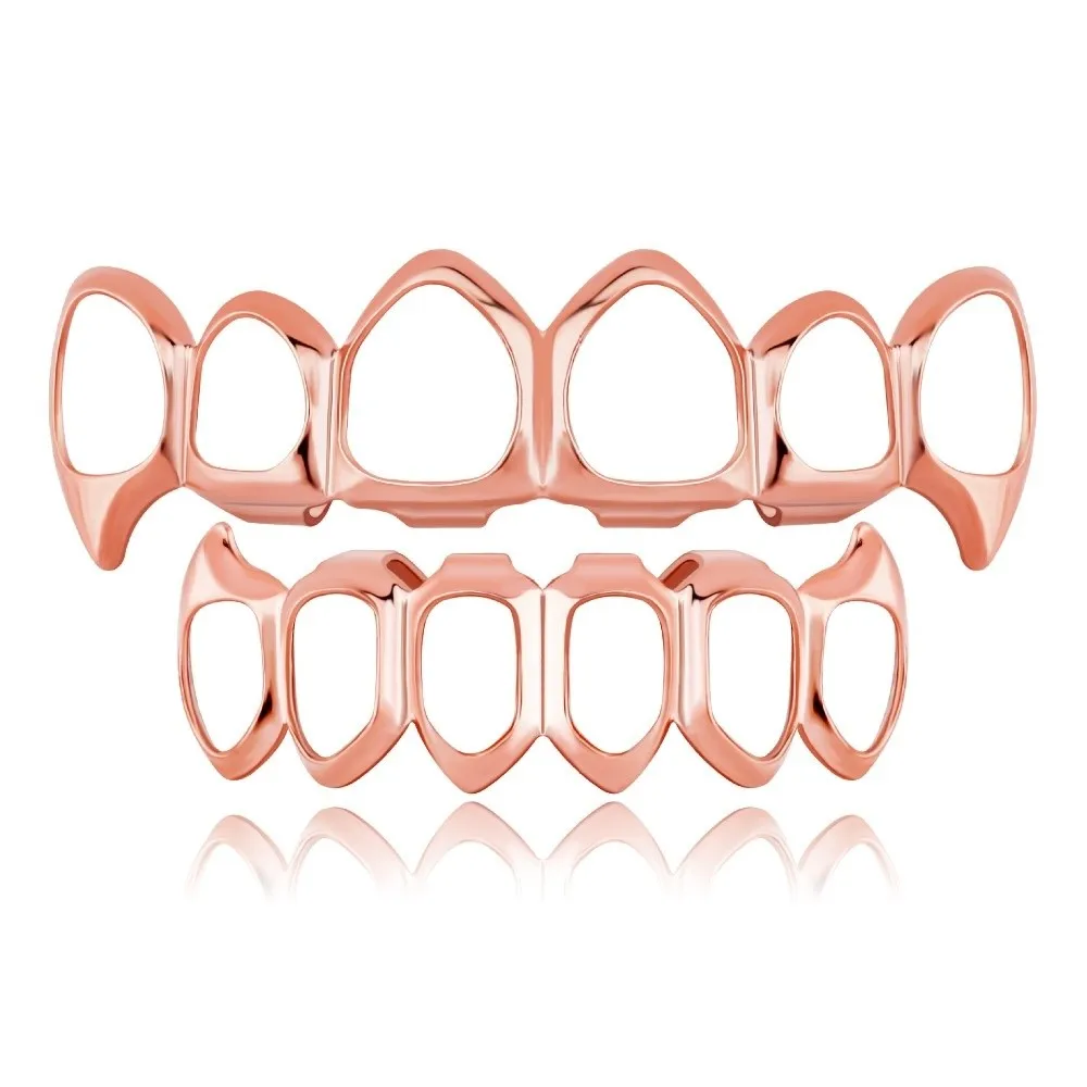 Glossy Finish Hollow Teeth Grillz Top Bottom Set Anti Slip Eco-friendly Copper Teeth Grillz Caps Shiny Silver Teeth Jewelry