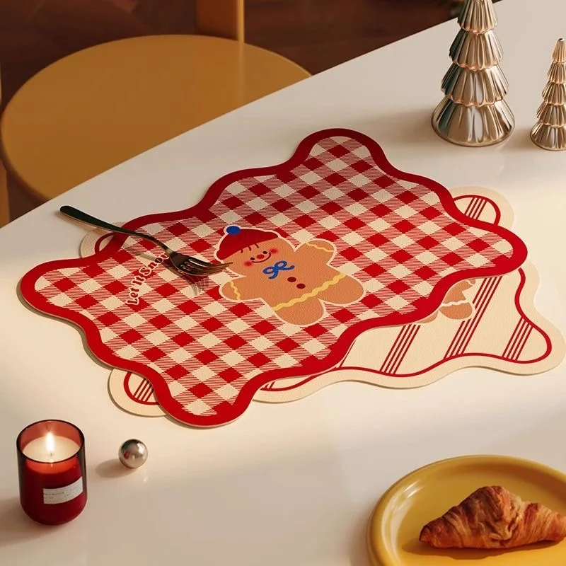 New Year and Christmas Gingerbread Man Lace Contrast Color Placemat Desktop PVC Insulated Waterproof and Oilproof Bowl Mat
