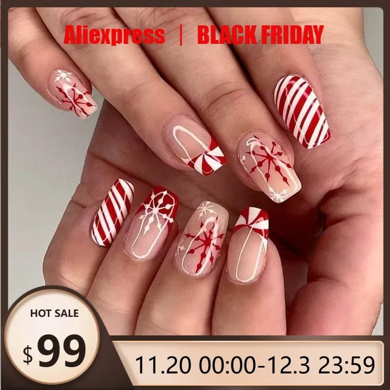 

24Pcs Fake Nails Christmas-themed Red-and-white Color-blocked Nails with Red-and-white Snowflake Candy Designs Press-on Nails