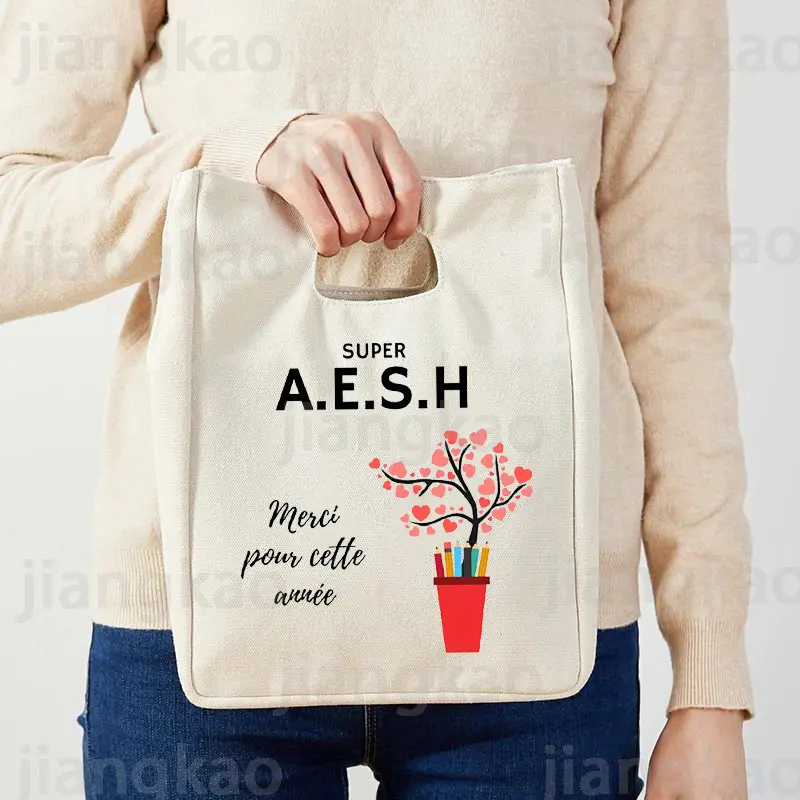 

Merci Super AESH Print Cooler Lunch Bag Portable Insulated Canvas Lunch Bags Thermal School Food Storage Pouch Gifts For AESH