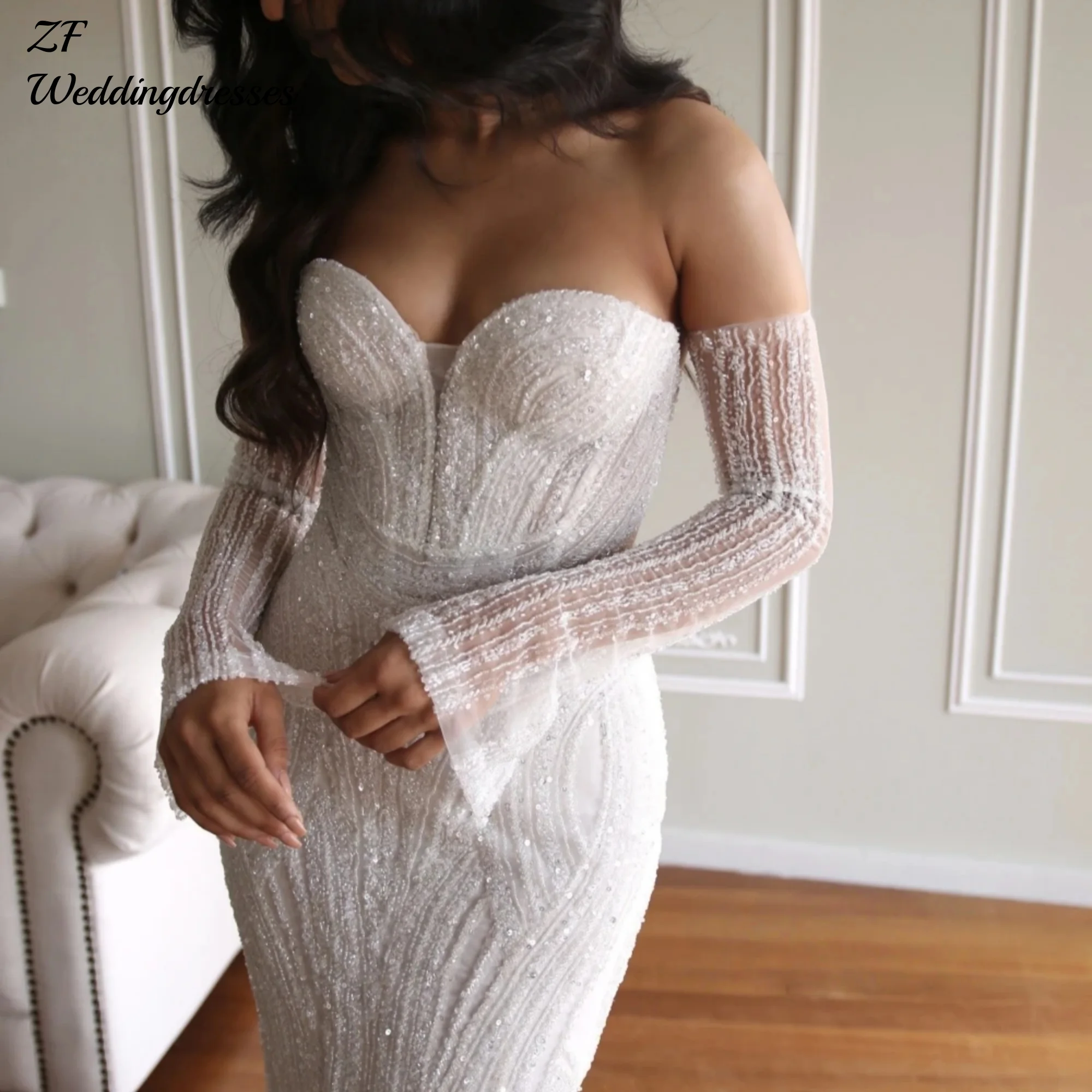 맞춤형 럭셔리 머메이드 웨딩드레스 신부 로브 반짝이는 오프숄더 플로어 길이 신부 드레스 베스티도스 데 노비아