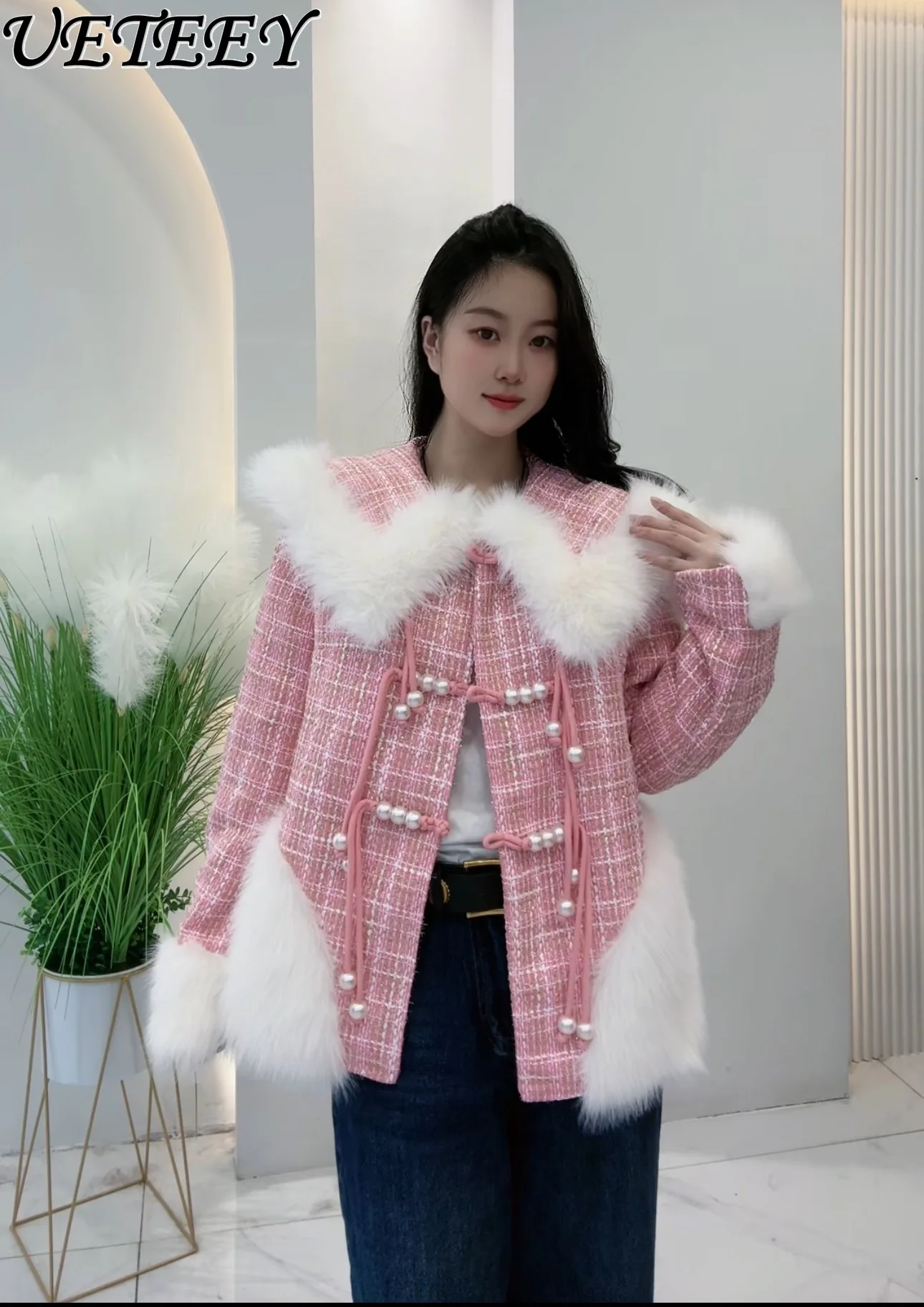 

Winter New Long Sleeve Turn-Down Collar Fluffy Coat Socialite Gentle Sweet Girl Age-Reducing Fashion Versatile Pink Short Jacket