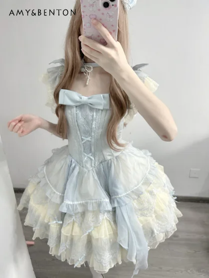 

Elegant Ballet Style Retro Floral Embroidery Lolita Dress Women Bow Cute Sweet Elegant Puff Sleeves Slim Puffy Princess Dresses