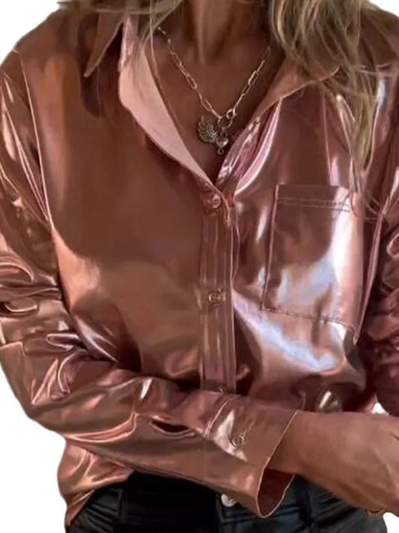 

Faionable Women's Lapel Casual Loose Fit Long Sve Pure Color Button Up Irt Ele Women's Top