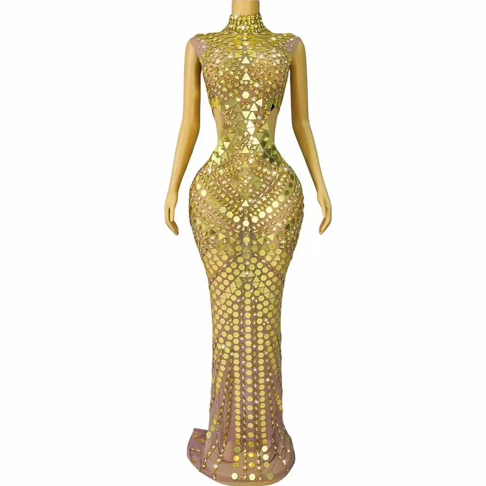 Sexy Photoshoot Dress Gold Silver Mirrors Rhinestones Hollow Waist Dress Transparent Outfit Dance Stage Show Nightclub Costume