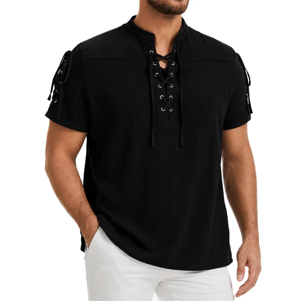 Men's Cotton Linen-like Short Sleeve Shir Lace-up Solid Color Vintage Gothic Style Pirate Tops Henley Neck Lightweight Tees