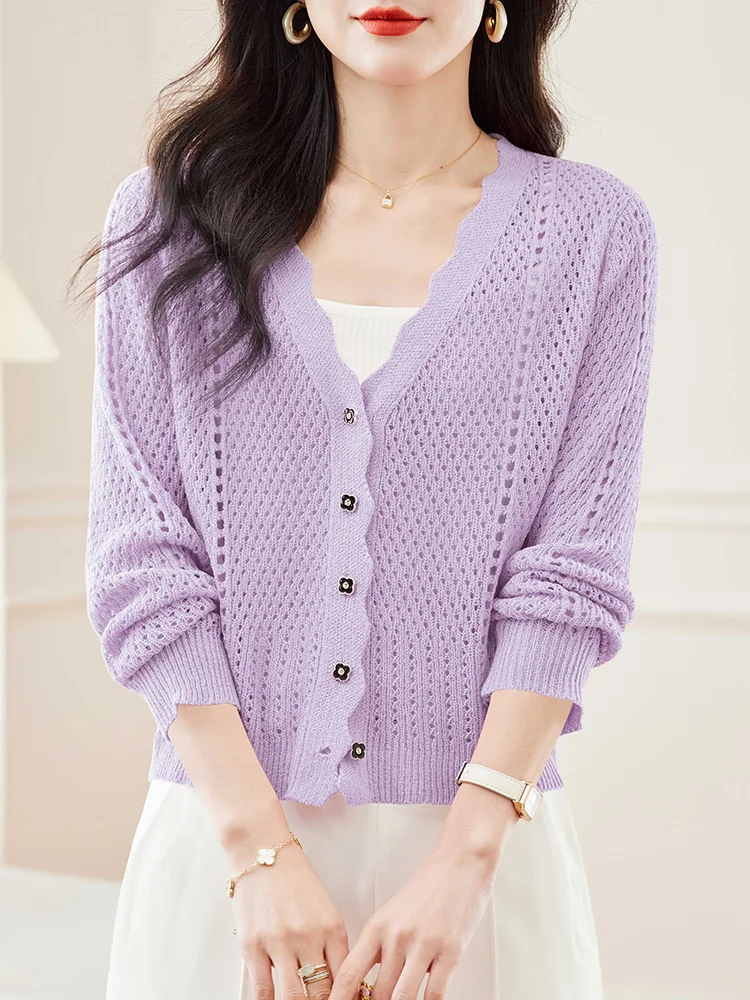 

High Quality Summer Ice Silk Knitted Cardigan for Women's Thin Hollow Out Cover Up with A Small Shawl and A High-end Jacket