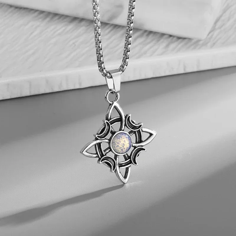 Exquisite Stainless Steel Witchy Celtic Knot Triple Moon Goddess Necklace Natural Stone Women's Collarbone Chain Accessory