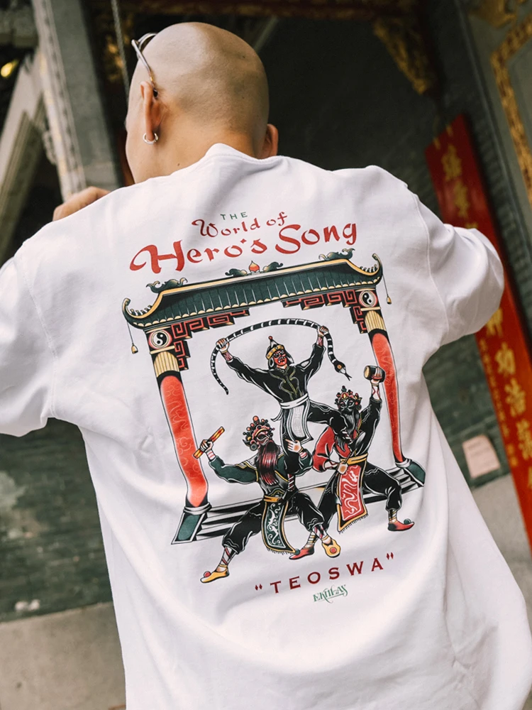 Chinese Traditional ChaoShan Long Sleeve T-Shirt Double Head Swallow Chinatown Series Heavyweight Cotton Digital Print Fitnes...