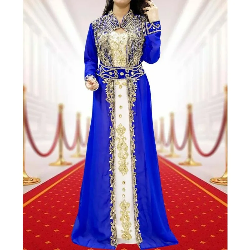 

Dubai Kaftan Wedding Floor Length Gowns Dress Jacket Royal Blue Off White Lining 2-piece Set