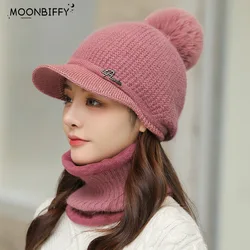 Two Piece Set Women's Knitted Winter Flat Tongue Hat Rabbit Hair Letter Warm Baseball Hat Ear Protection Neck Waiver Wool Hat