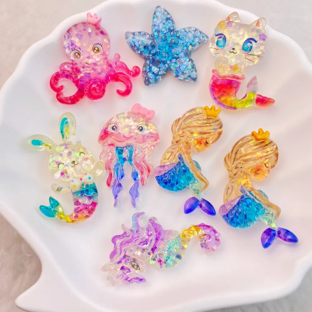 10 Pcs New Cute Bright Cartoon Ocean Mermaids, Seahorses, Starfish Resin Clip Book DIY Jewelry Hairpin Headrope Decoration Craft