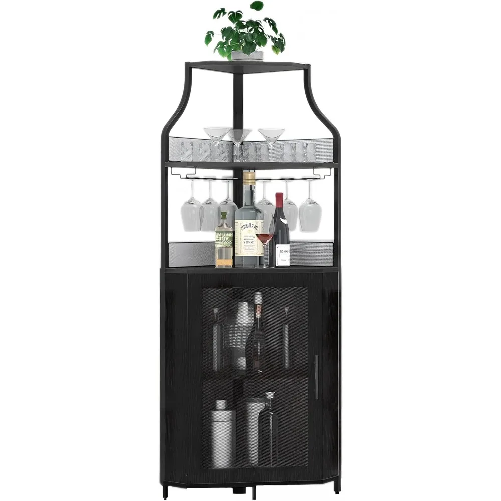 

Corner Bar Cabinet - Wine Bar Cabinet and Glass Holder 5-Tiers Storage Space Corner Liquor Cabinet Industrial Wine Cabinet for S