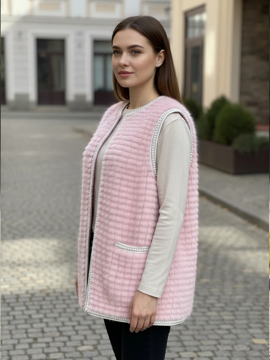 HDHOHR 2026 New Real Mink Fur Vests Women Natural Kintted Mink Vest Leather Collar Fur Jackets Winter Warm Fur Vests For Female