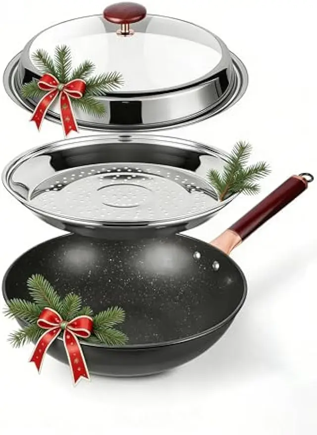 

12,5-дюймовая сковорода-вок из углеродистой стали с антипригарным покрытием и крышкой, индукционная ручка, устойчивая к охлаждению ручкой для здорового приготовления пищи